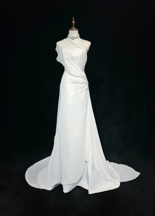 Vestido de novia vintage de los años 60, corte en A, un hombro, de gasa, sin mangas, largo, blanco, años 90, elegante, DH1106