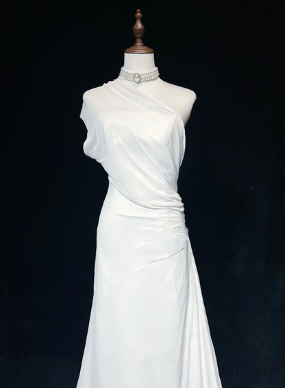 Vestido de novia vintage de los años 60, corte en A, un hombro, de gasa, sin mangas, largo, blanco, años 90, elegante, DH1106