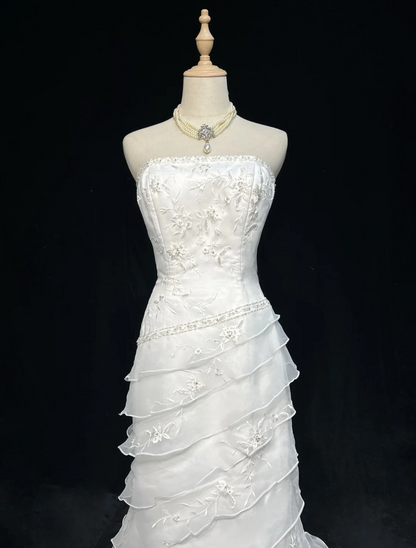 Vestido de novia vintage de los años 60, corte sirena, sin tirantes, de gasa, sin mangas, con encaje, largo, blanco, años 90, elegante, DH1107