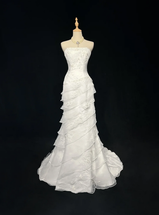 Vestido de novia vintage de los años 60, corte sirena, sin tirantes, de gasa, sin mangas, con encaje, largo, blanco, años 90, elegante, DH1107