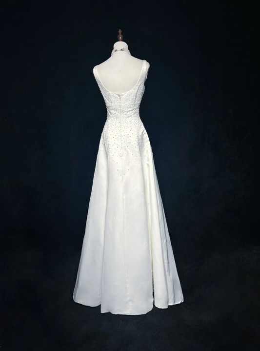 Vestido de novia vintage, corte A, escote cuadrado, sin mangas, con perlas, largo, blanco, años 70, elegante, DH1108