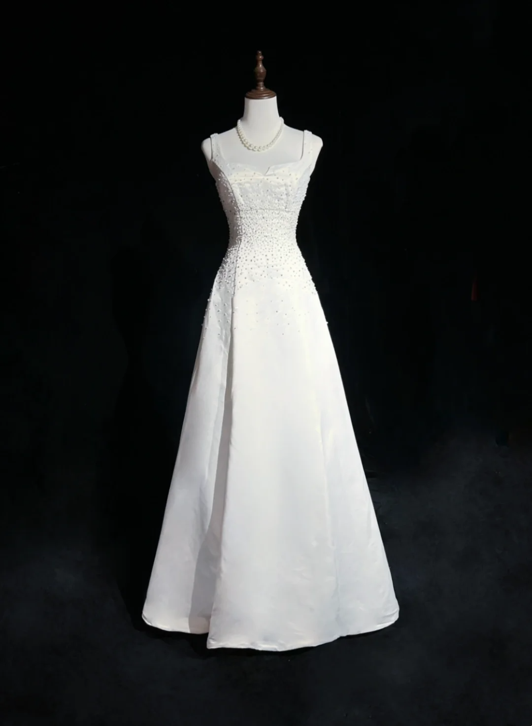Vestido de novia vintage, corte A, escote cuadrado, sin mangas, con perlas, largo, blanco, años 70, elegante, DH1108
