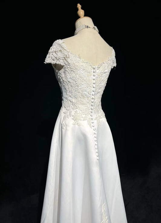 Vestido de novia vintage de los años 60, corte A, escote en V, mangas cortas, encaje, perlas, largo blanco, elegante, años 90, DH1109