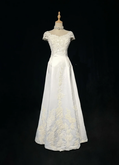 Vestido de novia vintage de los años 60, corte A, escote en V, mangas cortas, encaje, perlas, largo blanco, elegante, años 90, DH1109