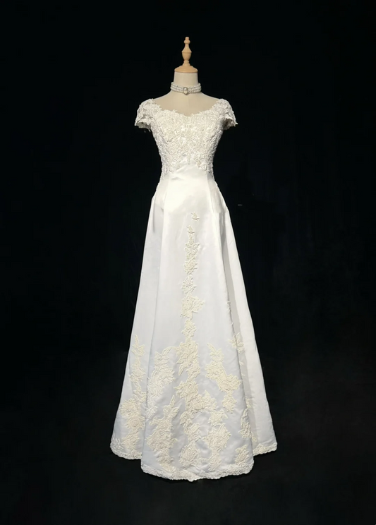 Vestido de novia vintage de los años 60, corte A, escote en V, mangas cortas, encaje, perlas, largo blanco, elegante, años 90, DH1109