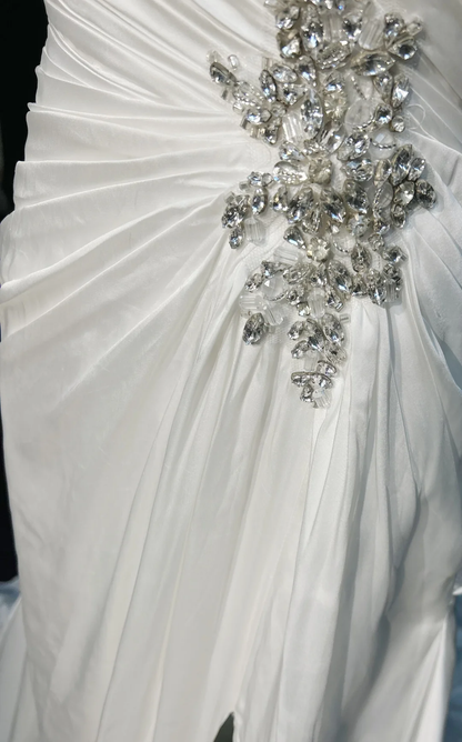 Vestido de novia vintage, corte A, escote corazón, sin mangas, cuentas plateadas, abertura larga, blanco, años 70, elegante, DH1110