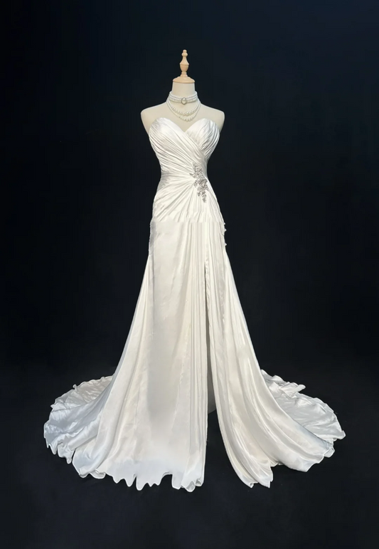 Vestido de novia vintage, corte A, escote corazón, sin mangas, cuentas plateadas, abertura larga, blanco, años 70, elegante, DH1110