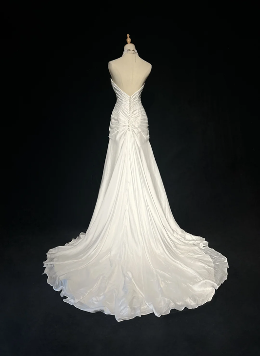 Vestido de novia vintage, corte A, escote corazón, sin mangas, cuentas plateadas, abertura larga, blanco, años 70, elegante, DH1110