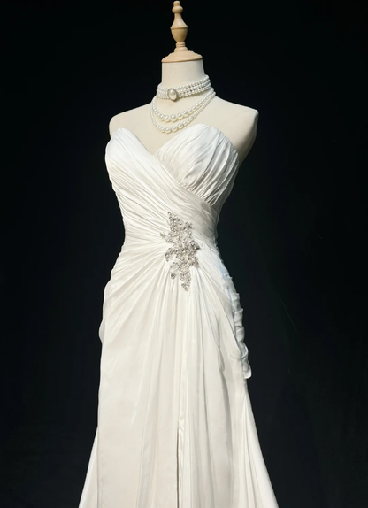 Vestido de novia vintage, corte A, escote corazón, sin mangas, cuentas plateadas, abertura larga, blanco, años 70, elegante, DH1110