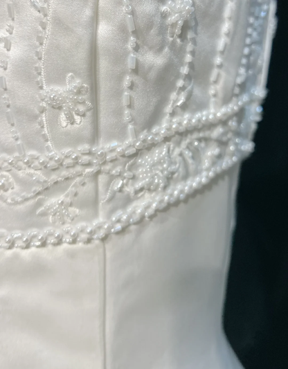 Vestido de novia vintage, corte A, tirantes finos, sin mangas, con perlas, largo, blanco, años 70, elegante, DH1111
