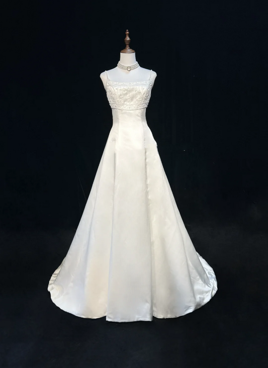 Vestido de novia vintage, corte A, tirantes finos, sin mangas, con perlas, largo, blanco, años 70, elegante, DH1111