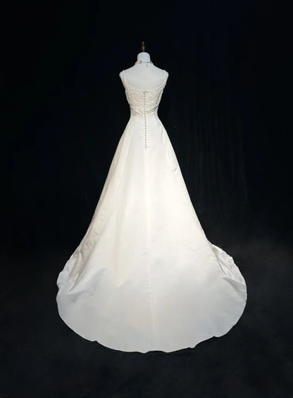Vestido de novia vintage, corte A, tirantes finos, sin mangas, con perlas, largo, blanco, años 70, elegante, DH1111
