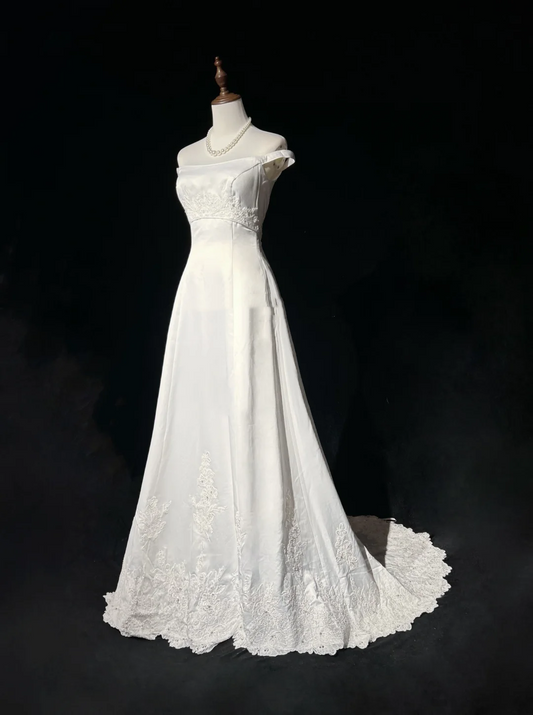 Vestido de novia vintage, corte A, hombros descubiertos, perlas, largo, blanco, años 70, elegante, DH1113