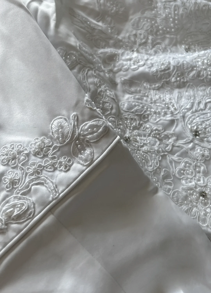 Vestido de novia vintage, corte A, hombros descubiertos, perlas, largo, blanco, años 70, elegante, DH1113
