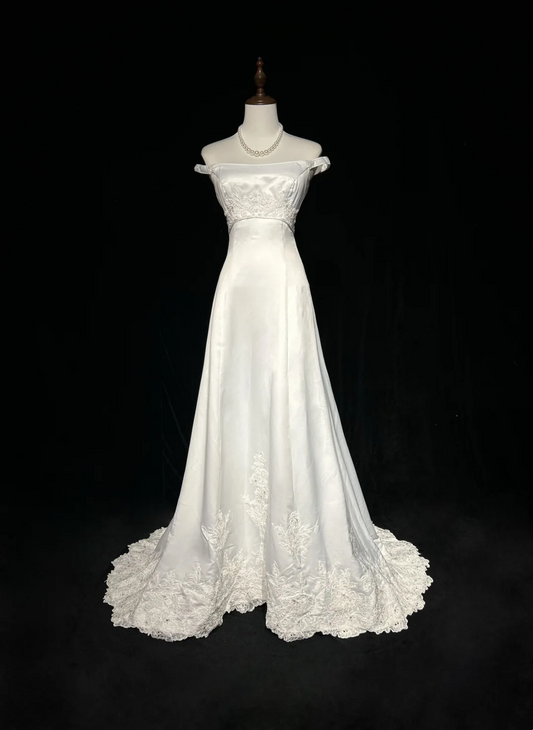 Vestido de novia vintage, corte A, hombros descubiertos, perlas, largo, blanco, años 70, elegante, DH1113