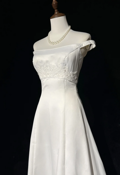 Vestido de novia vintage, corte A, hombros descubiertos, perlas, largo, blanco, años 70, elegante, DH1113