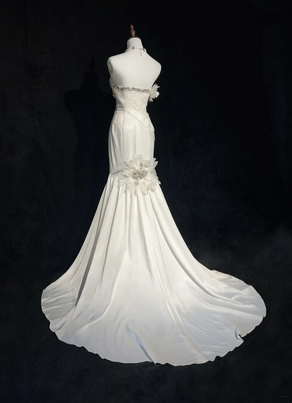 Vestido de novia único de corte sirena, sin tirantes, de gasa, blanco, años 50, modesto, DH1114