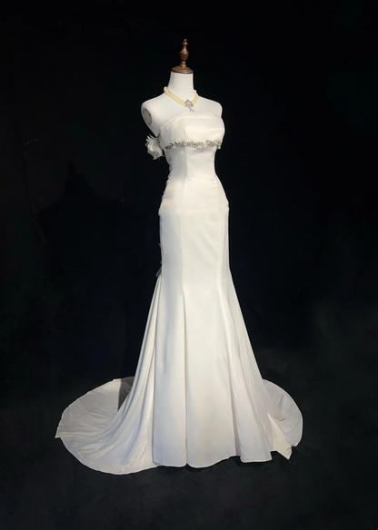 Vestido de novia único de corte sirena, sin tirantes, de gasa, blanco, años 50, modesto, DH1114