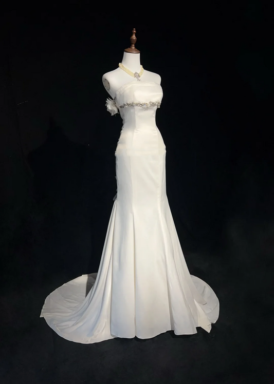 Vestido de novia único de corte sirena, sin tirantes, de gasa, blanco, años 50, modesto, DH1114