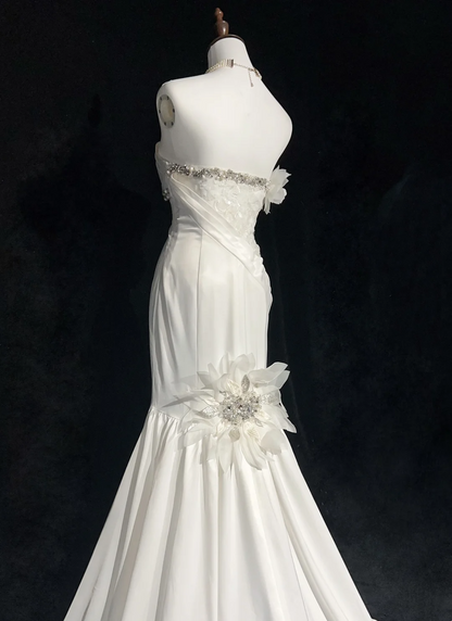 Vestido de novia único de corte sirena, sin tirantes, de gasa, blanco, años 50, modesto, DH1114