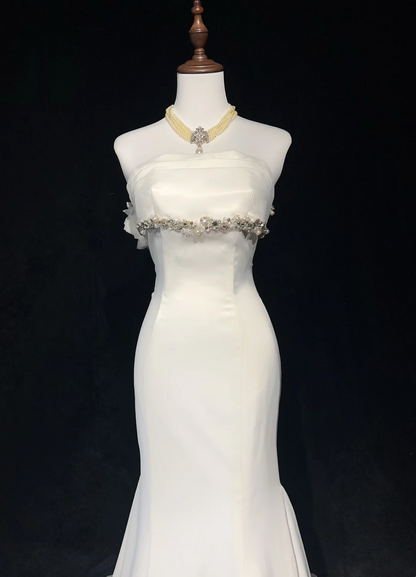 Vestido de novia único de corte sirena, sin tirantes, de gasa, blanco, años 50, modesto, DH1114