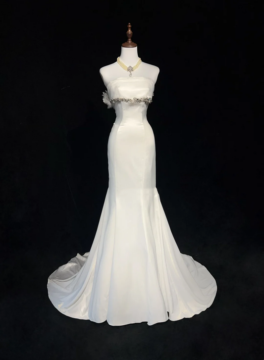 Vestido de novia único de corte sirena, sin tirantes, de gasa, blanco, años 50, modesto, DH1114
