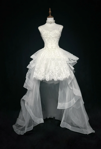 Vestido de novia único con tirantes finos, corte alto y bajo, de encaje, sin mangas, blanco, años 50, vestidos de novia modestos DH1115