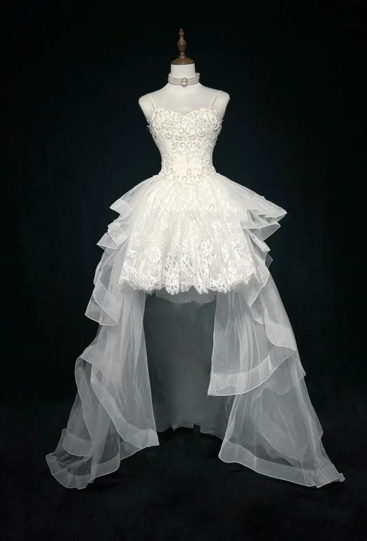 Vestido de novia único con tirantes finos, corte alto y bajo, de encaje, sin mangas, blanco, años 50, vestidos de novia modestos DH1115