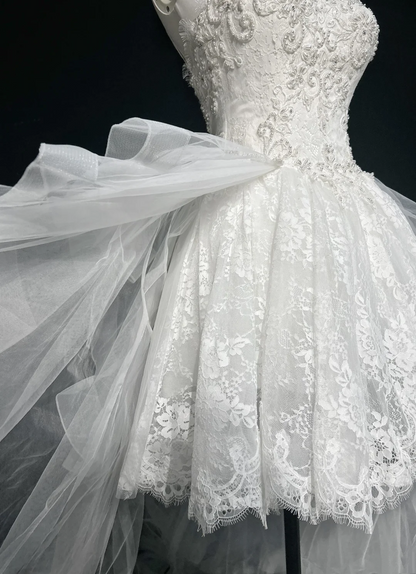Vestido de novia único con tirantes finos, corte alto y bajo, de encaje, sin mangas, blanco, años 50, vestidos de novia modestos DH1115