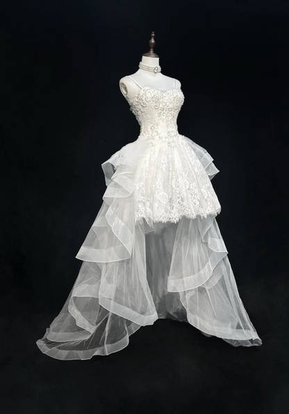 Vestido de novia único con tirantes finos, corte alto y bajo, de encaje, sin mangas, blanco, años 50, vestidos de novia modestos DH1115