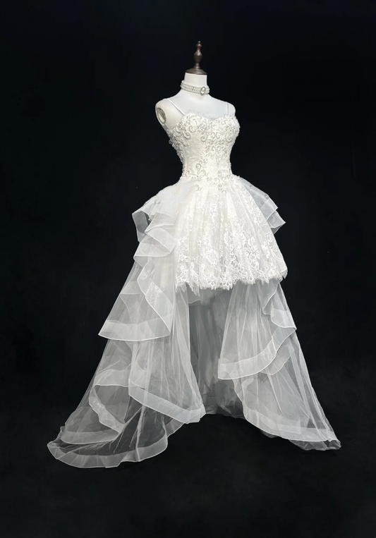 Vestido de novia único con tirantes finos, corte alto y bajo, de encaje, sin mangas, blanco, años 50, vestidos de novia modestos DH1115