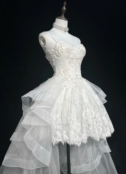 Vestido de novia único con tirantes finos, corte alto y bajo, de encaje, sin mangas, blanco, años 50, vestidos de novia modestos DH1115