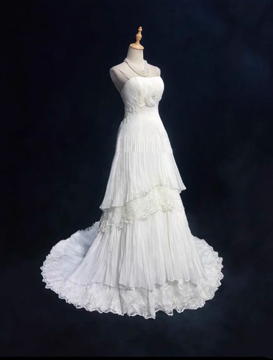 Vestido de novia único, corte A, tirantes finos, encaje, tul, sin mangas, blanco, años 50, vestidos de novia modestos, DH1116