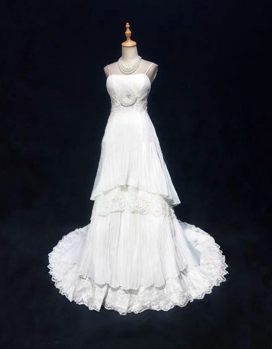 Vestido de novia único, corte A, tirantes finos, encaje, tul, sin mangas, blanco, años 50, vestidos de novia modestos, DH1116