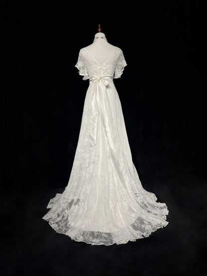 Vestido de novia vintage de los años 60, corte A, escote en V, mangas cortas, encaje, cuentas, largo, blanco, años 90, elegante, DH1118