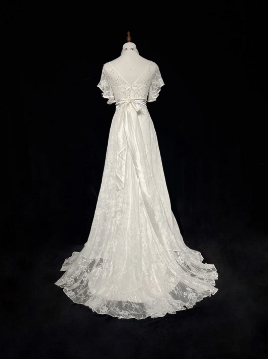 Vestido de novia vintage de los años 60, corte A, escote en V, mangas cortas, encaje, cuentas, largo, blanco, años 90, elegante, DH1118