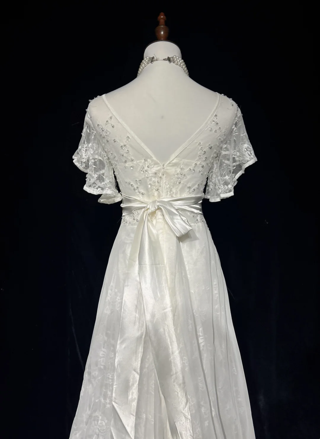 Vestido de novia vintage de los años 60, corte A, escote en V, mangas cortas, encaje, cuentas, largo, blanco, años 90, elegante, DH1118