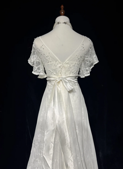 Vestido de novia vintage de los años 60, corte A, escote en V, mangas cortas, encaje, cuentas, largo, blanco, años 90, elegante, DH1118