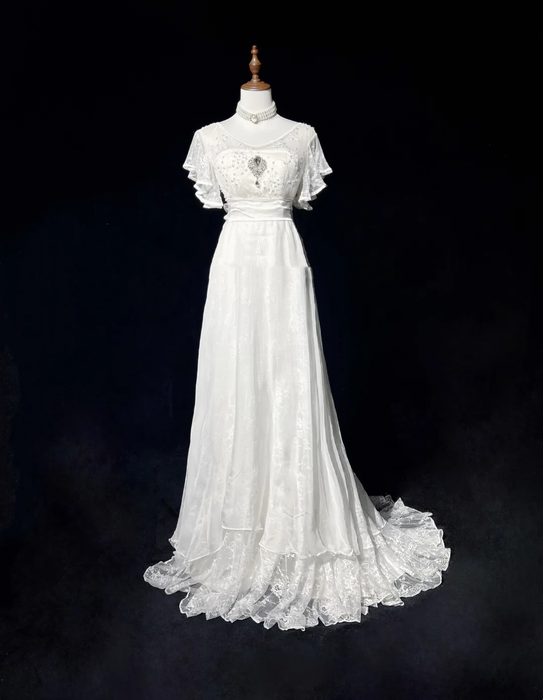 Vestido de novia vintage de los años 60, corte A, escote en V, mangas cortas, encaje, cuentas, largo, blanco, años 90, elegante, DH1118