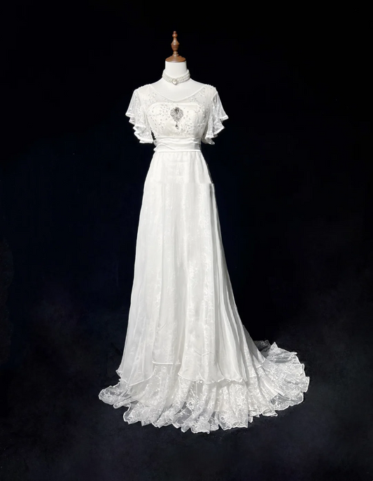 Vestido de novia vintage de los años 60, corte A, escote en V, mangas cortas, encaje, cuentas, largo, blanco, años 90, elegante, DH1118