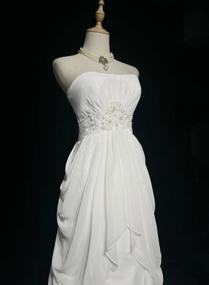 Vestido de novia retro de los años 60, corte A, sin tirantes, sin mangas, de gasa plisada, con cuentas, largo, blanco, elegante, DH1119