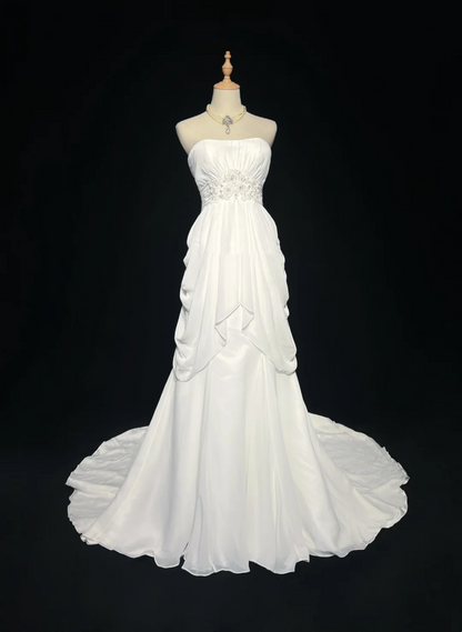 Vestido de novia retro de los años 60, corte A, sin tirantes, sin mangas, de gasa plisada, con cuentas, largo, blanco, elegante, DH1119