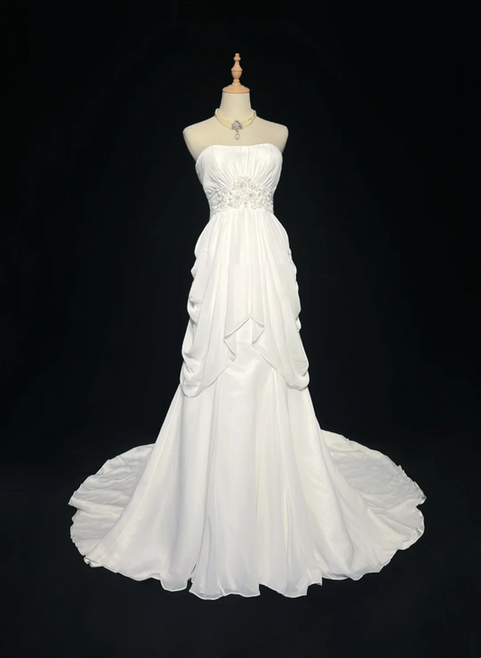 Vestido de novia retro de los años 60, corte A, sin tirantes, sin mangas, de gasa plisada, con cuentas, largo, blanco, elegante, DH1119