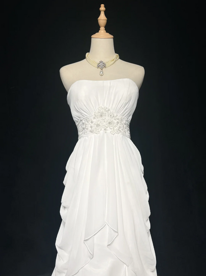Vestido de novia retro de los años 60, corte A, sin tirantes, sin mangas, de gasa plisada, con cuentas, largo, blanco, elegante, DH1119