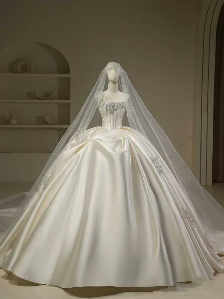 Hermoso vestido de novia, vestido de fiesta, sin tirantes, blanco, largo, de satén, vestidos de novia, vestido de novia DH111