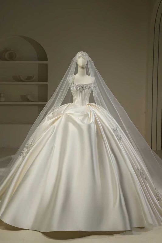 Hermoso vestido de novia, vestido de fiesta, sin tirantes, blanco, largo, de satén, vestidos de novia, vestido de novia DH111