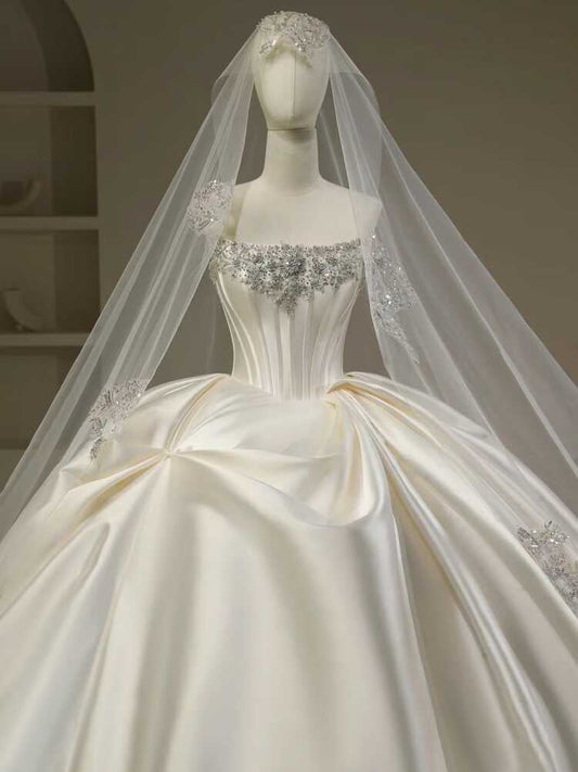 Hermoso vestido de novia, vestido de fiesta, sin tirantes, blanco, largo, de satén, vestidos de novia, vestido de novia DH111
