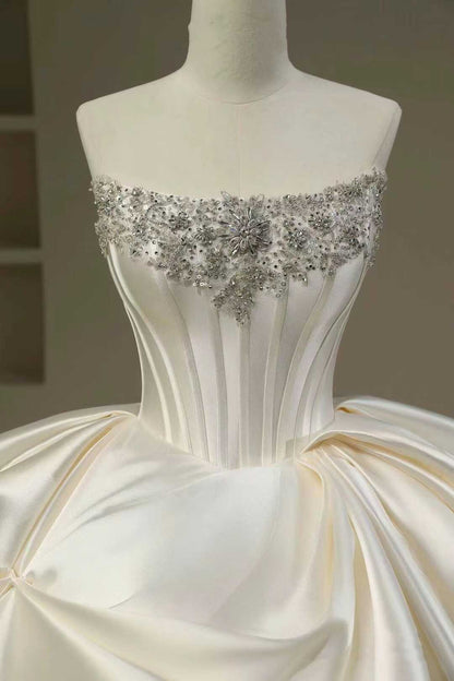 Hermoso vestido de novia, vestido de fiesta, sin tirantes, blanco, largo, de satén, vestidos de novia, vestido de novia DH111