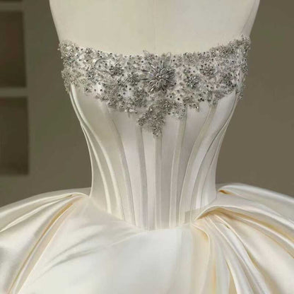 Hermoso vestido de novia, vestido de fiesta, sin tirantes, blanco, largo, de satén, vestidos de novia, vestido de novia DH111