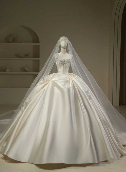 Hermoso vestido de novia, vestido de fiesta, sin tirantes, blanco, largo, de satén, vestidos de novia, vestido de novia DH111